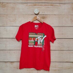 NWT MTV Logo Ugly Christmas Sweater Print Short Sleeve TShirt Red Medium